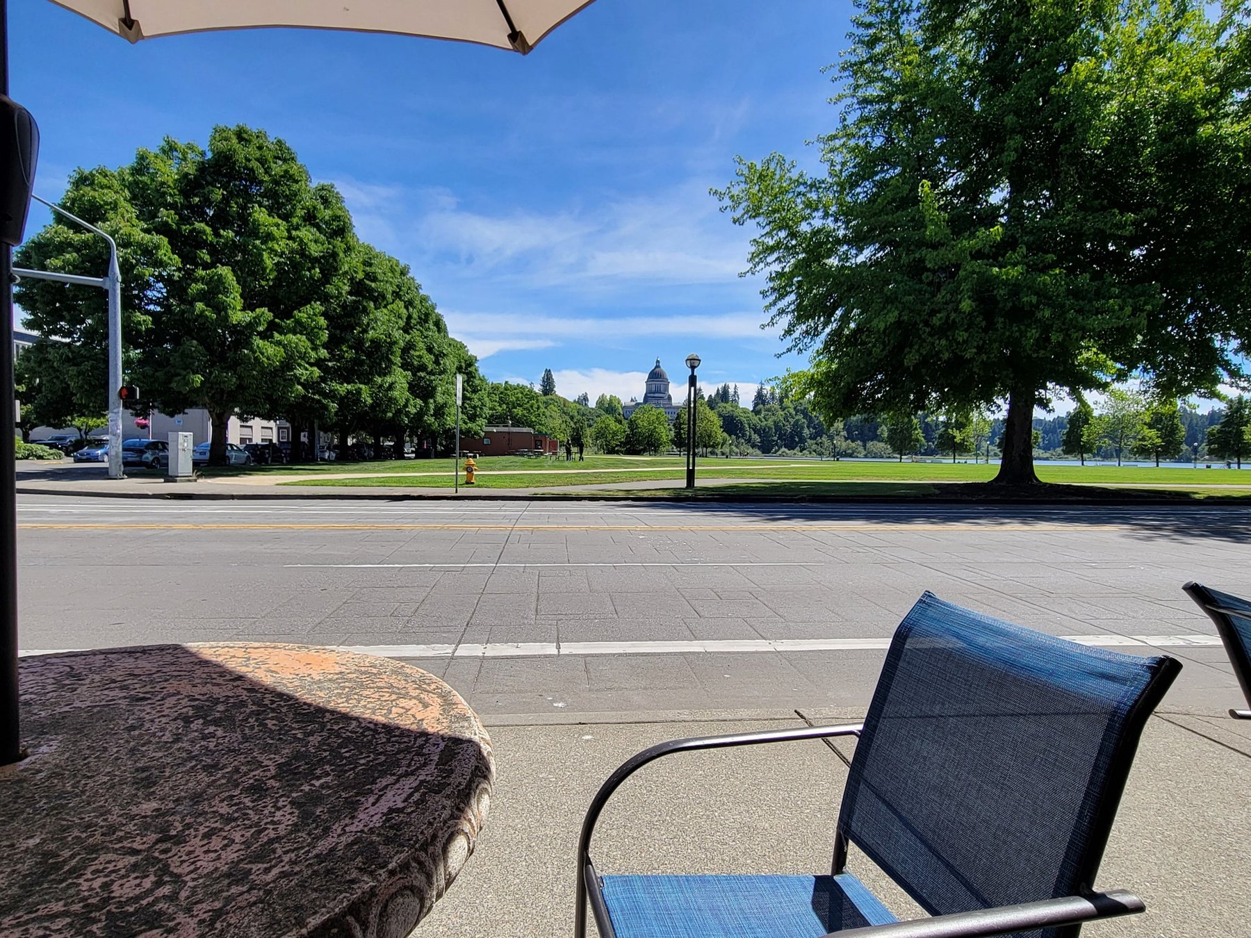 The patio — Capitol Lake across the street.