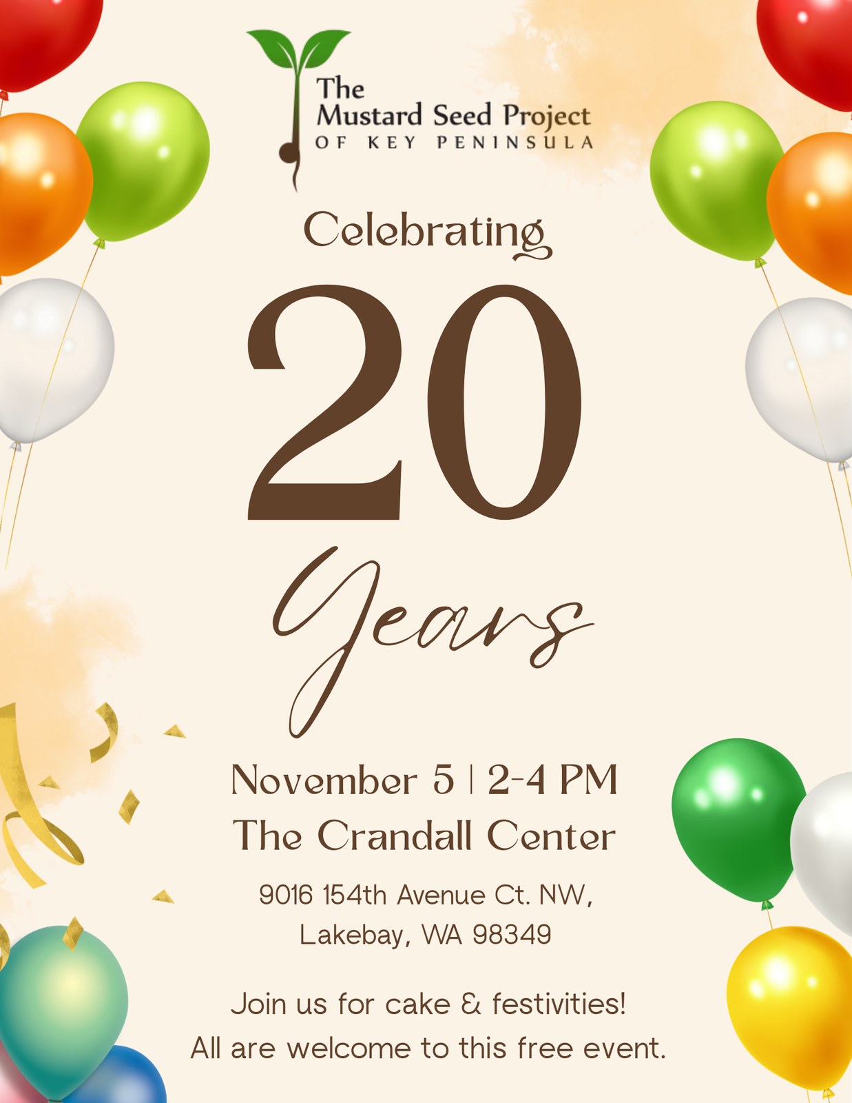 20 Year Celebration- Mustard Seed Project flyer