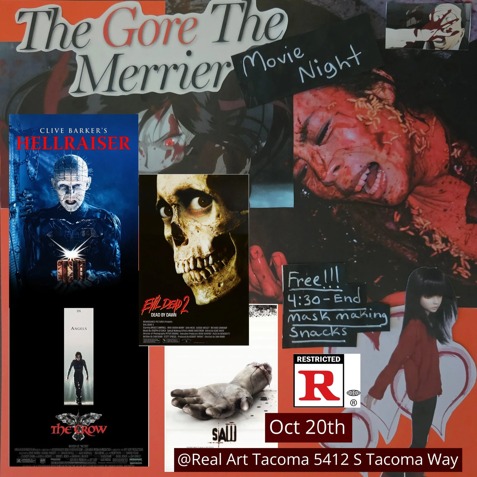 Real Art Tacoma Presents: The Gore The Merrier Craft & Movie Night flyer