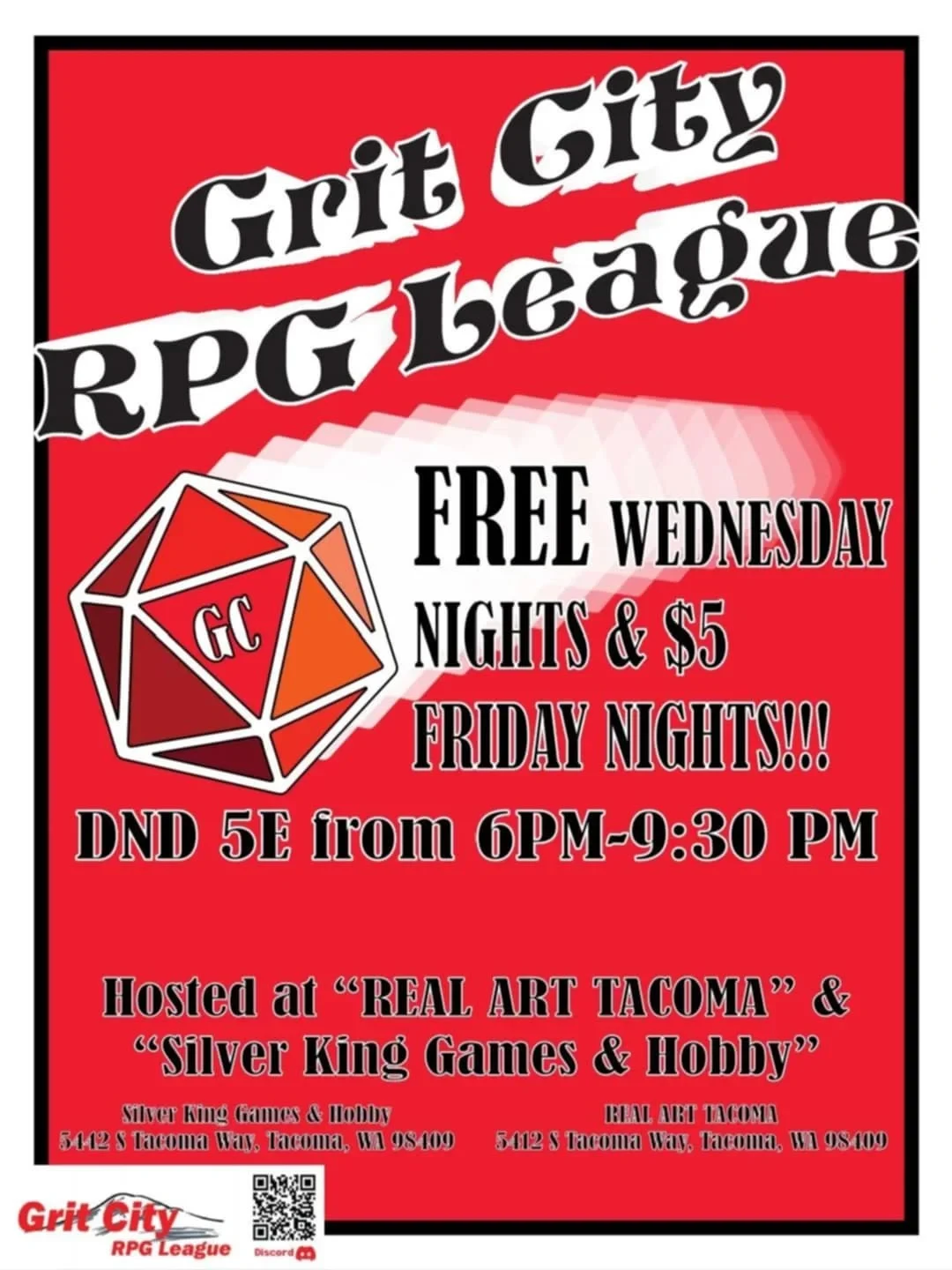 Real Art Tacoma x Grit City RPG League Present: Dungeons & Dragons Drop in Gaming flyer
