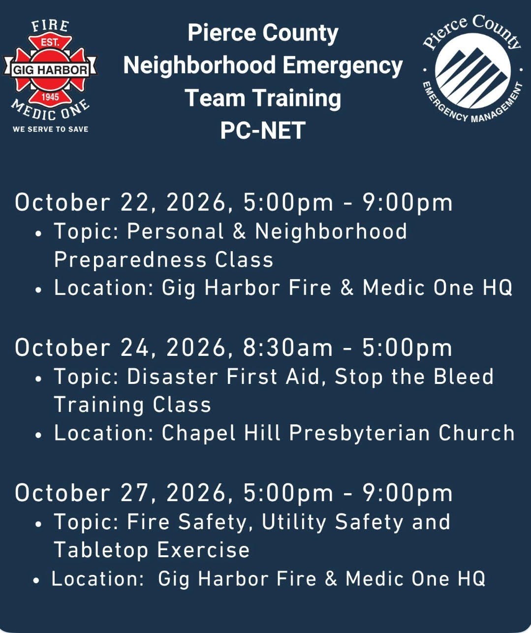 Pierce County Neighborhood Emergency Team Training flyer