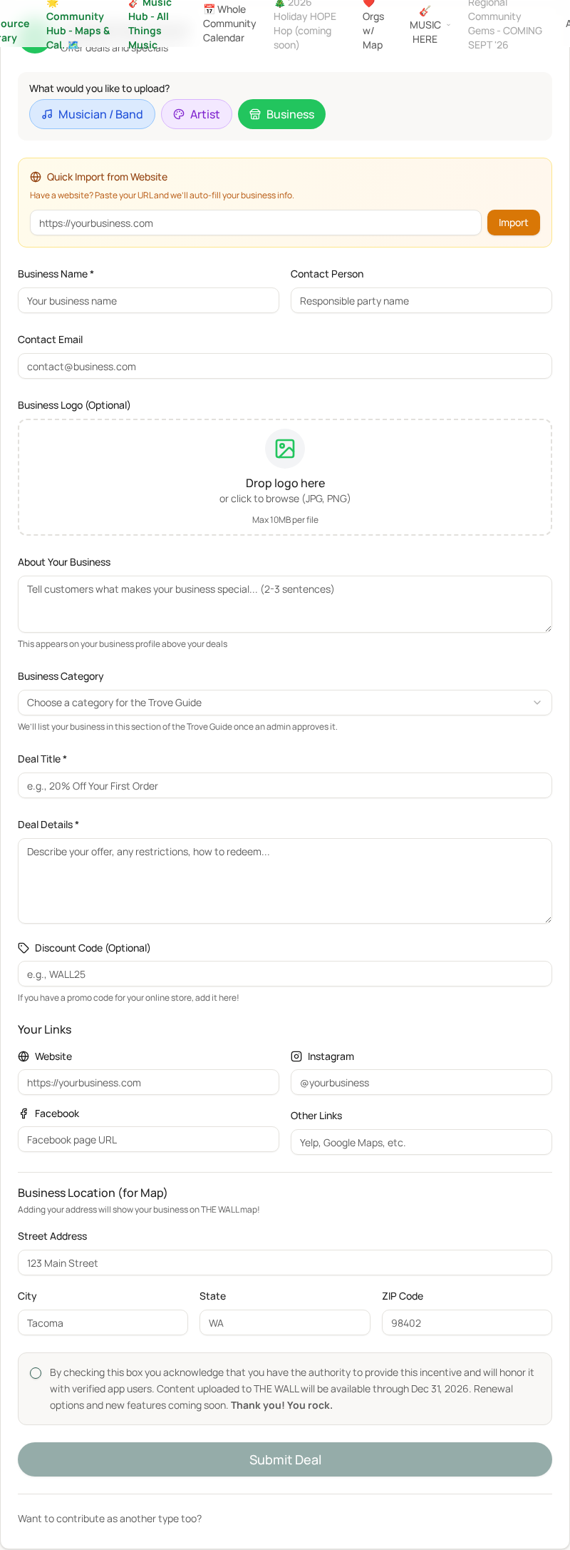 Business form on THE WALL — paste your website URL to auto-fill your info